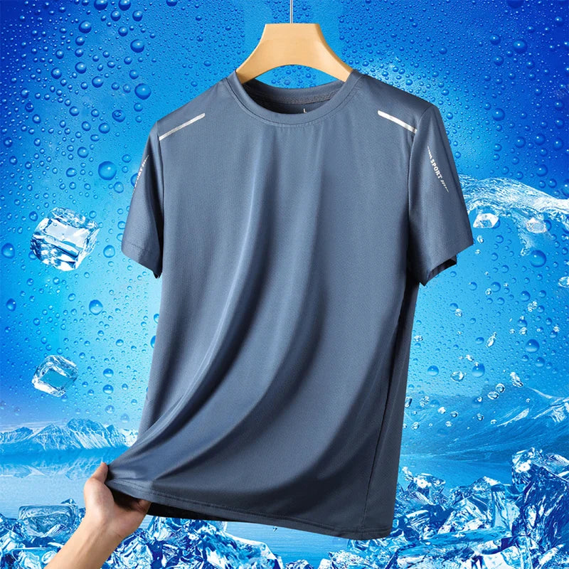 Ice Silk Short Sleeves Men's Summer Thin Sports Top Cool T-shirt, Elastic Mesh Breathable Outdoor New Quick Drying T-shirt