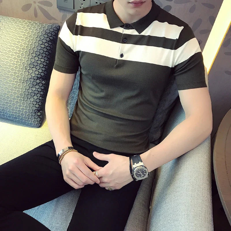 saferido Social Knitting Slim Polo British Style Stripes POLO Shirt Men Summer Short Sleeve Men's POLO Slim Fit Casual Polo Homme