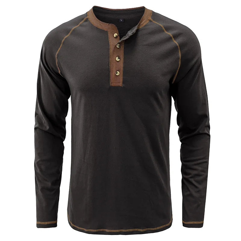 Spring Mens TShirt Solid Color Long Sleeve Cotton Casual Streetwear Outdoor Tops Tees Men Fashion O Neck T Shirt Button Top Man