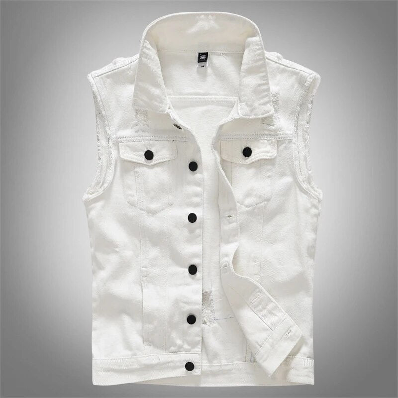 New Vintage Design Mens Denim Vests Retor Sleeveless Jackets Men Ripped Hole Jean Waistcoats Clothing jaqueta masculina