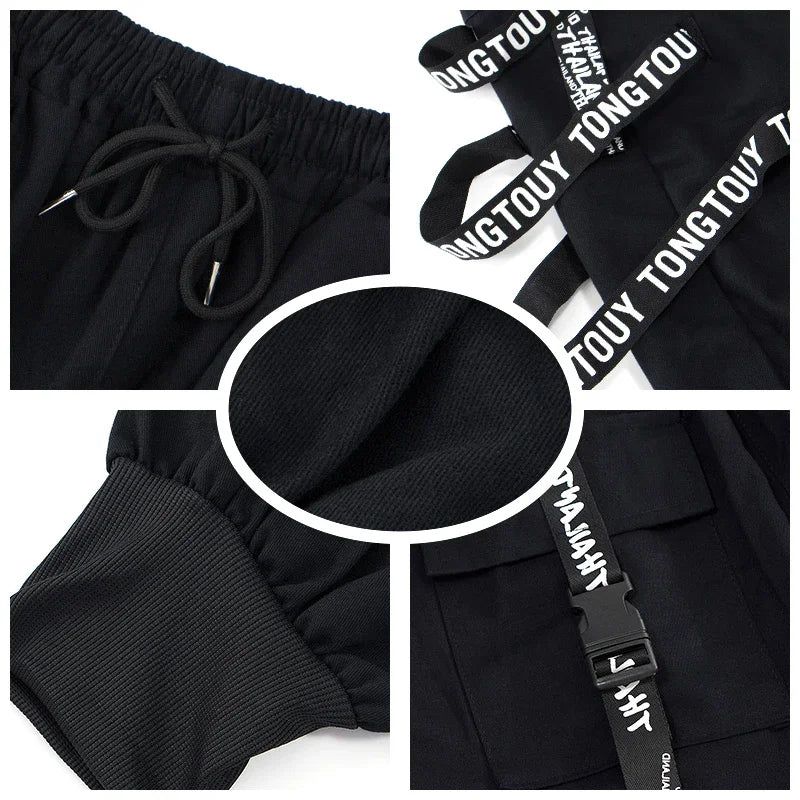 saferido Techwear Cargo Pants Men Joggers Black Cargo Trousers for Men Jogging Japanese Streetwear Hip Hop Hippie Gothic Ribbon