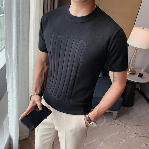 saferido New Summer Men's Short Sleeve Solid Color T shirt Round Collar British Slim Casual Fashion Knit T-Shirts S-3XL
