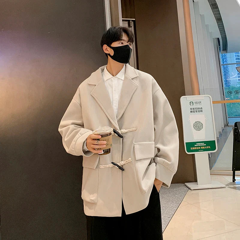 saferido Men Black Streetwear Button Jacket Overcoat Men Oversized Wool Blends Coat Winter Graphic Korean Fashion Trench Coat