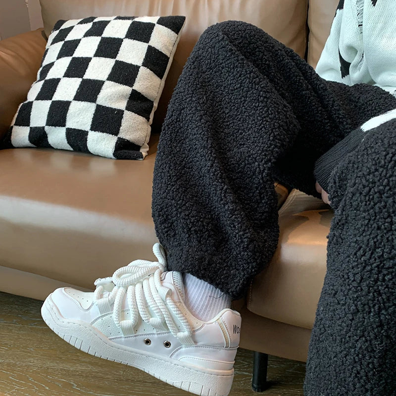 saferido Winter Thickened Pants Men Warm Fashion Retro Lamb Wool Pants Men Oversized Streetwear Loose Straight Pants Mens Thick Trousers