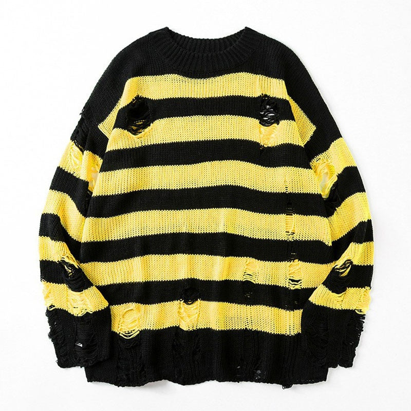 Hip Hop Striped Knitted Sweater Mens Womens Harajuku Hole Knit Jumpers Oversized Streetwear Casual Loose O-Neck Pullover Couples