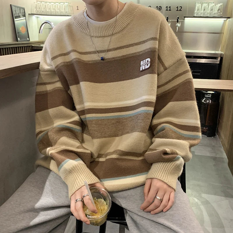 saferido Literature and Art Men's Loose Stripe Round Neck Knitwear Men's Autumn Oversize Lazy Sweater men coat winter clothes sweter