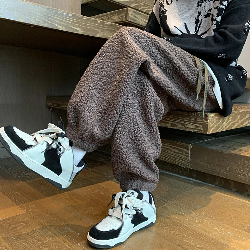 saferido Winter Thickened Pants Men Warm Fashion Retro Lamb Wool Pants Men Oversized Streetwear Loose Straight Pants Mens Thick Trousers
