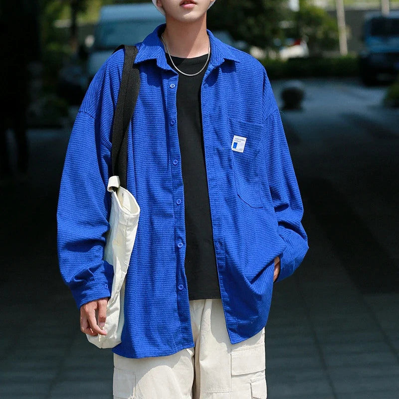 saferido Blue Minimalist Shirts For Men Korean Style Solid Long Sleeve Turn Down Collar Shirt Comfortable Blouses Casual Plus Size