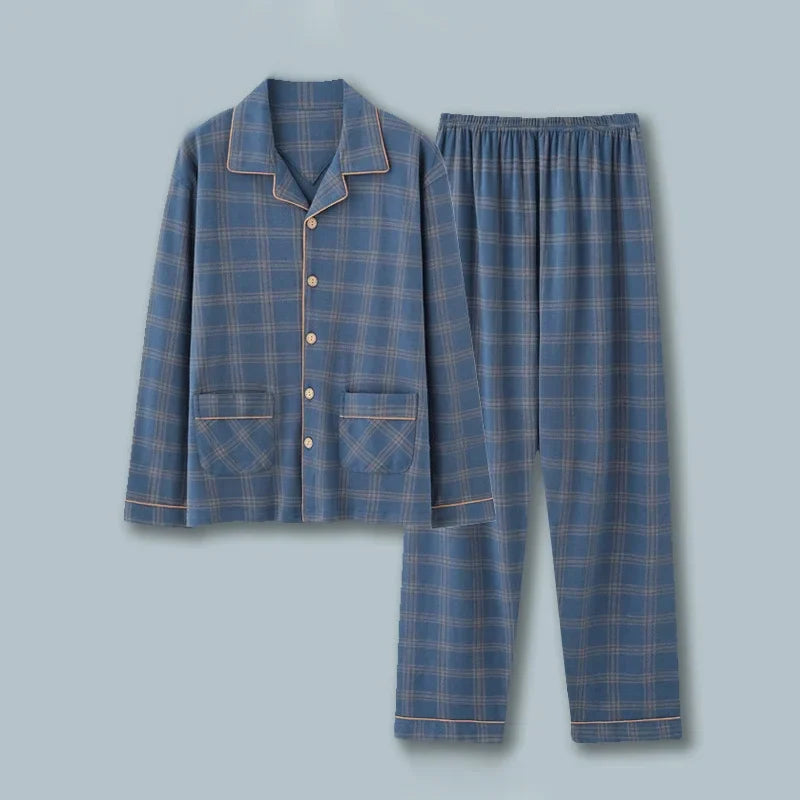 Men Pajamas Set Lounge Sleepwear Plaid Pyjamas Long Sleeve Spring Autumn Loungewear Male Homewear Home Clothes
