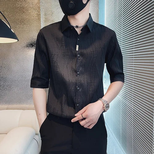 saferido Spring Casual Shirt Men Half Sleeve Slim Fit Business Formal Dress Shirts Social Party Nightclub Stripe Tuxedo Men Clothing 3XL