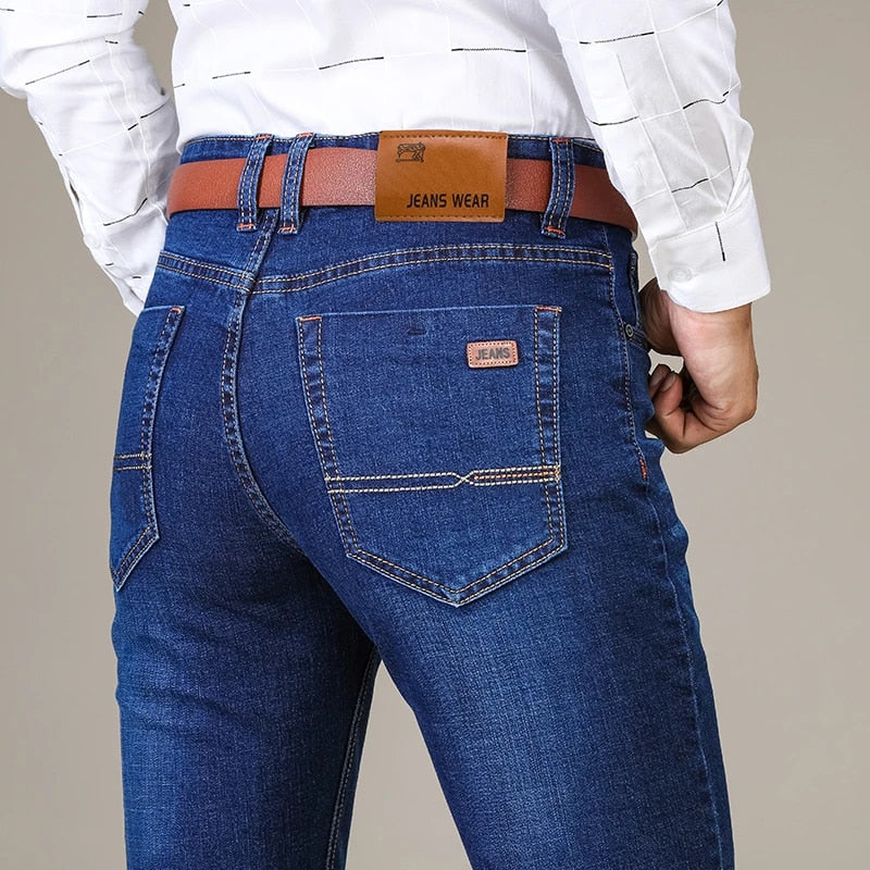 Men's Brand Stretch Jeans Business Casual Slim Fit Denim Pants Black Blue Trousers Jeans Male