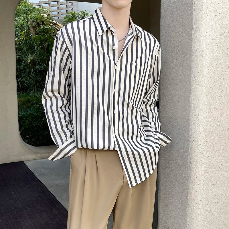 saferido Men's Korean Style Simple Loose Striped Printing Long Sleeve Shirt Fashion Trend High Quality Casual 3 Color Shirts M-2XL