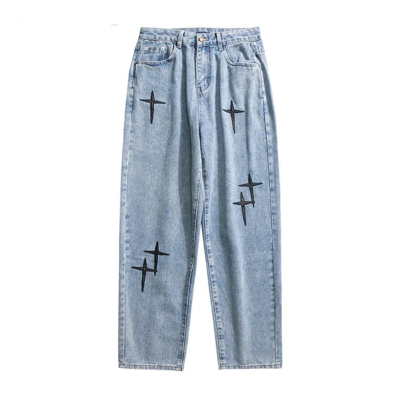 saferido New Embroidered Jeans Men Straight Loose Wide-leg Pants Spring and Autumn Korean Fashion High Street Hip Hop Style Male Trousers