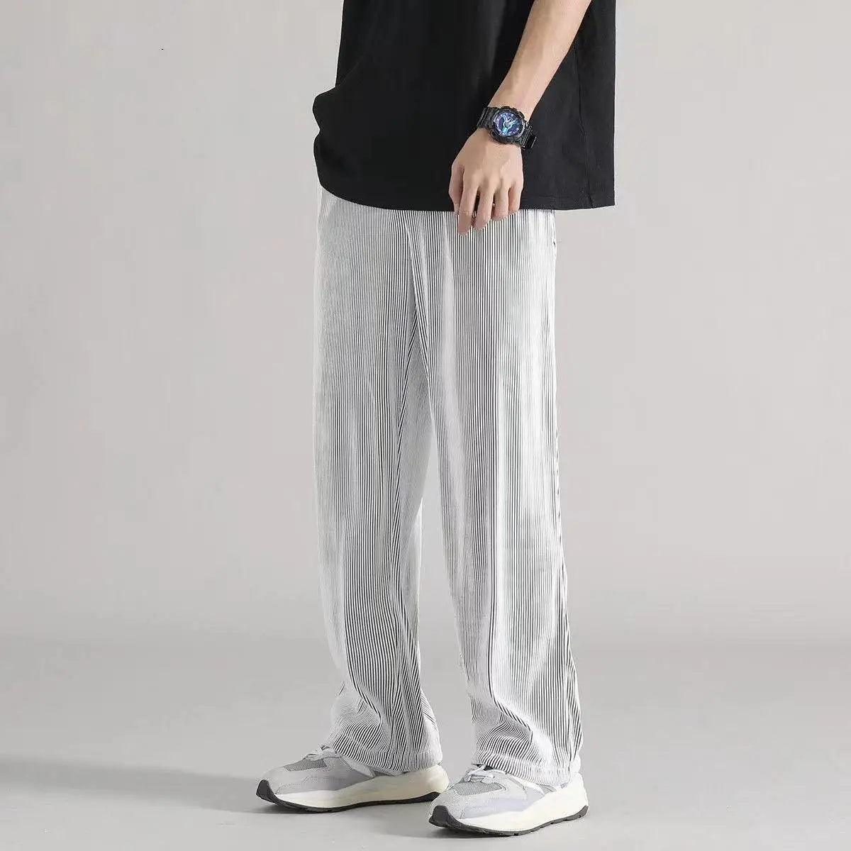 saferido Summer Thin Ice Silk Straight Loose Casual Pants Men Solid Korean Elastic Waist Drawstring Patchwork Pocket Wide Leg Trousers
