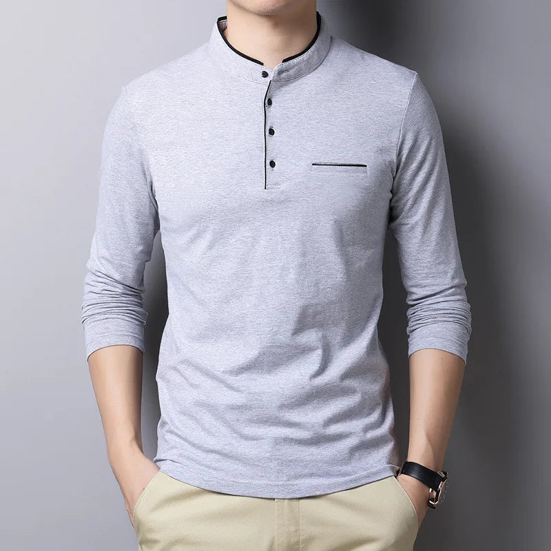 saferido New Spring Autumn T Shirt Men Cotton Long Sleeve Slim Fit Mens Tshirt Fashion MANDARIN COLLAR Solid Color Tops Tees Men Clothing