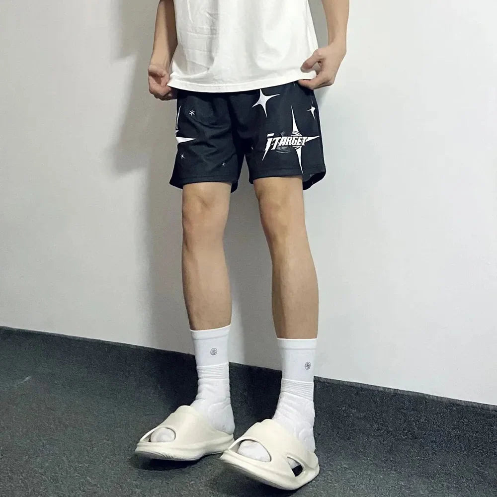 saferido American Y2K Basketball Sports Shorts Men Trend Y2k Street Loose Pentagram Print Knee-length Pants Fitness Breathable Casual Pants