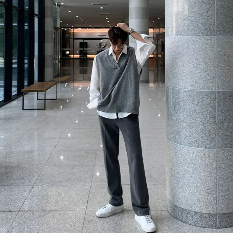 Man Clothes Smooth Solid Color Vest Plain Knitted Sweaters for Men Waistcoat Sleeveless Over Fit Knit Korean Fashion Warm Cheap
