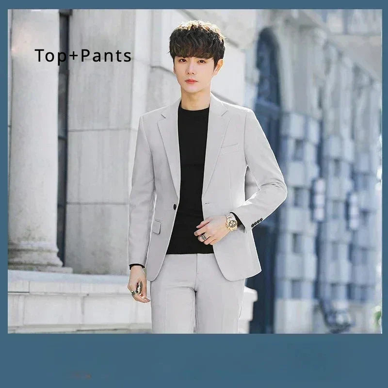 S-6XL Men's Business Casual Suit Korean Style Trendy Slim Fit 2 Piece Set Solid Color (Blazer+ Pants )Groom Wedding Dress Party