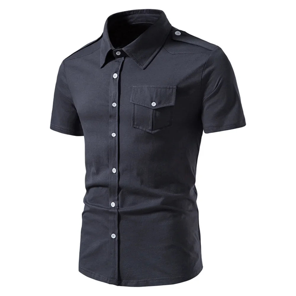 New High Quality Men Solid Color Shirts Summer Short Sleeve Casual Shirt Cotton Slim Fit Chemise Homme Men Clothing S-XXL