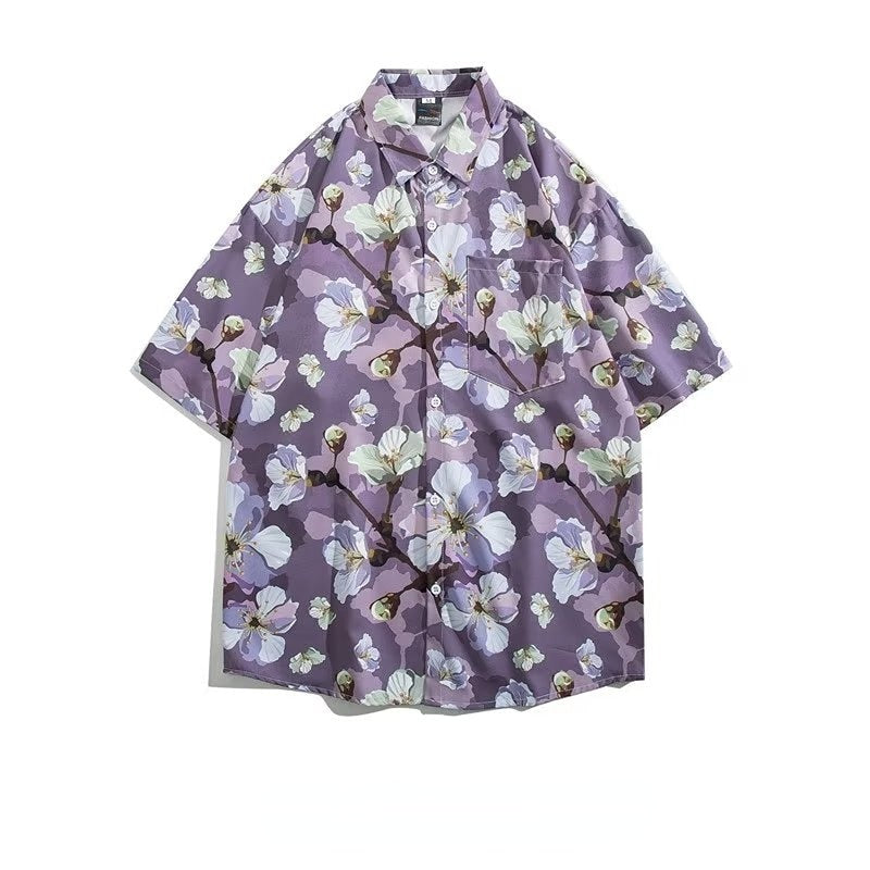 Couple Japanese Shirt Harajuku Oversized Short Sleeve Shirt for Men Women Hawaiian Print Flower Shirt Geometric Streetwear
