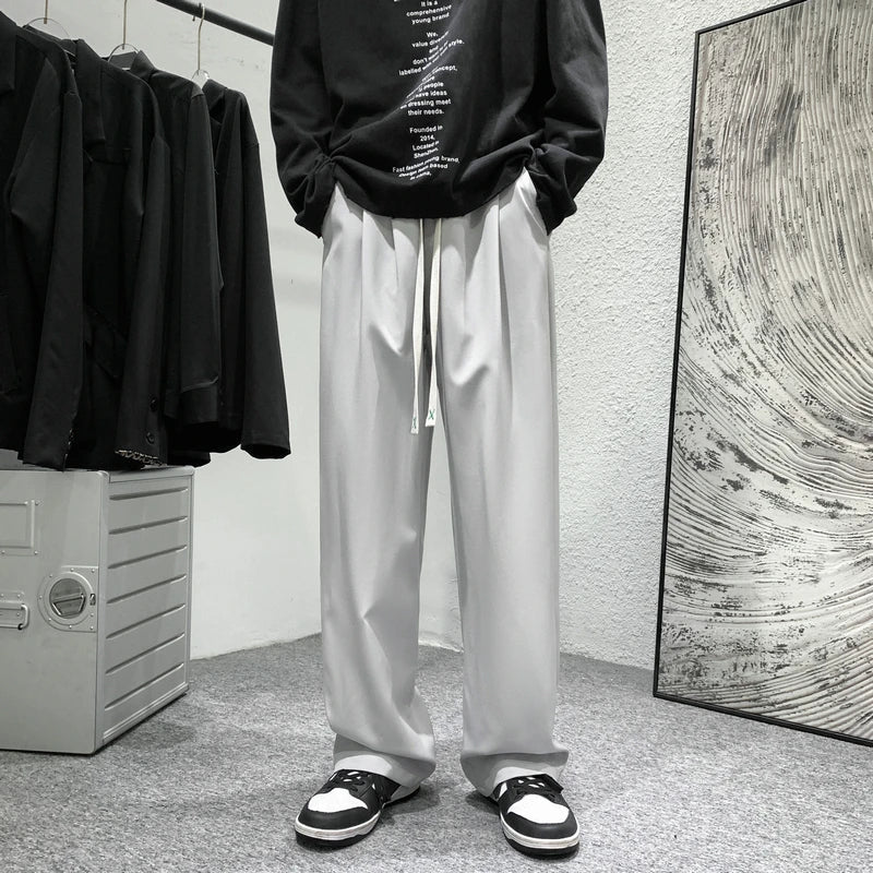 saferido Summer Thin Pants Men Fashion Gray Black Casual Ice Silk Pants Men Streetwear Korean Loose Straight Wide Leg Pants Mens Trousers
