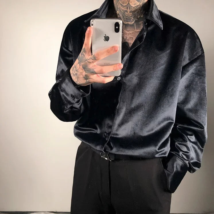 saferido Streetwear Fashion Men Satin Wine Red Shirt Spring Summer Lapel Long Sleeve Clothing Vintage Casual Loose Chic Versatile Tops