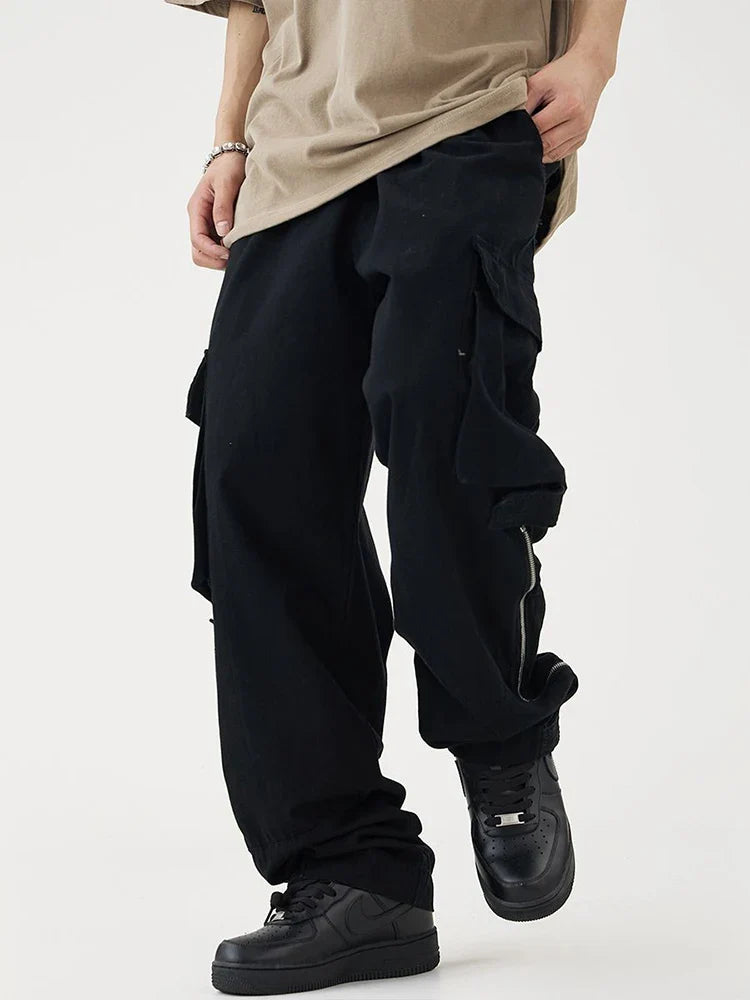 saferido Black Cargo Pants for Men Hip Hop White Cargo Trousers Male Vintage Japanese Streetwear Casual Safari Style Pocket Zip