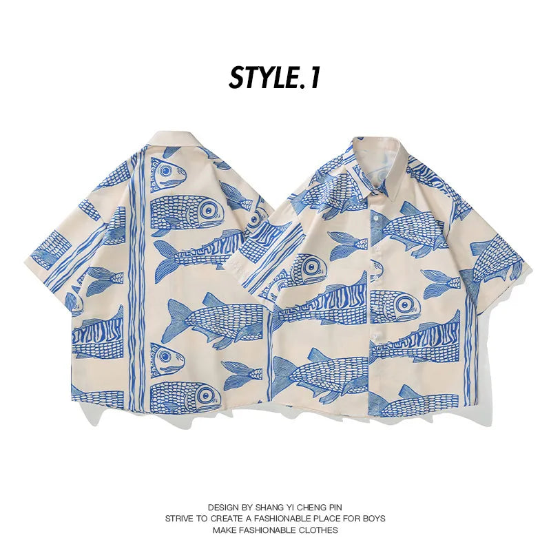 Oversized American Style Summer Fried Street Fashion Small Fish Print New Personalized Mens Casual Shirts