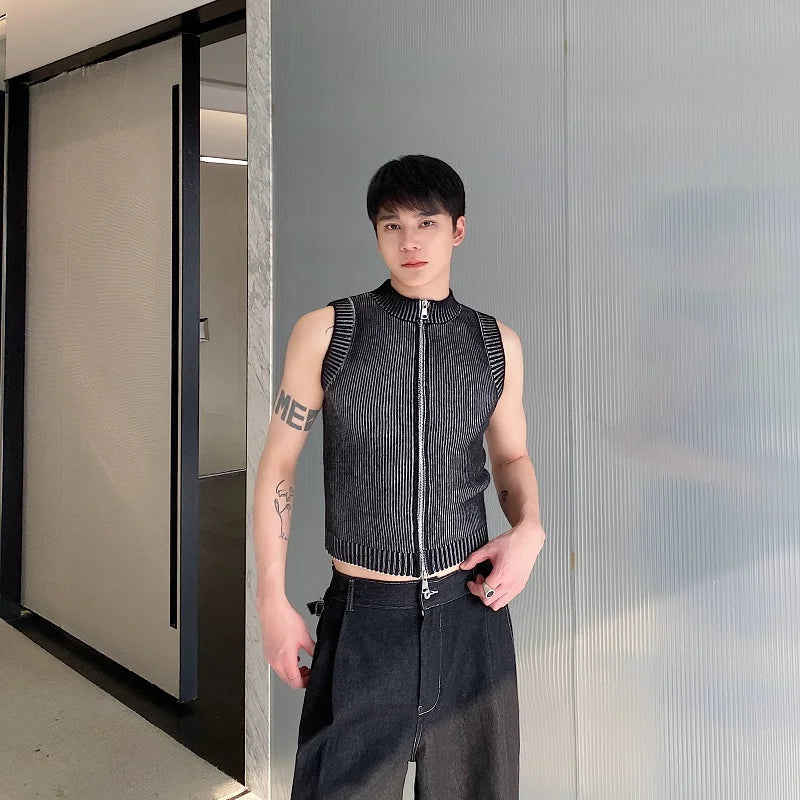 saferido Knitted Vest Men's Stand Collar Handsome Sweater Vest Korean Streetwear Male Clothing 2024 Spring Summer Fashion New