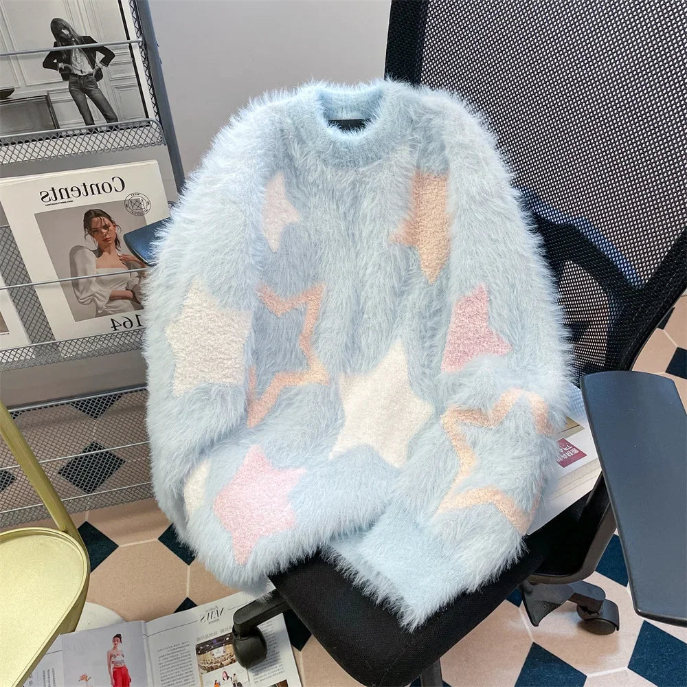 saferido Y2K Mohair Sweater Men Kawaii Sweet Knitted Pullovers Jumpers Long Sleeve O-Neck Sweater Male Korean Japanese Streetwear
