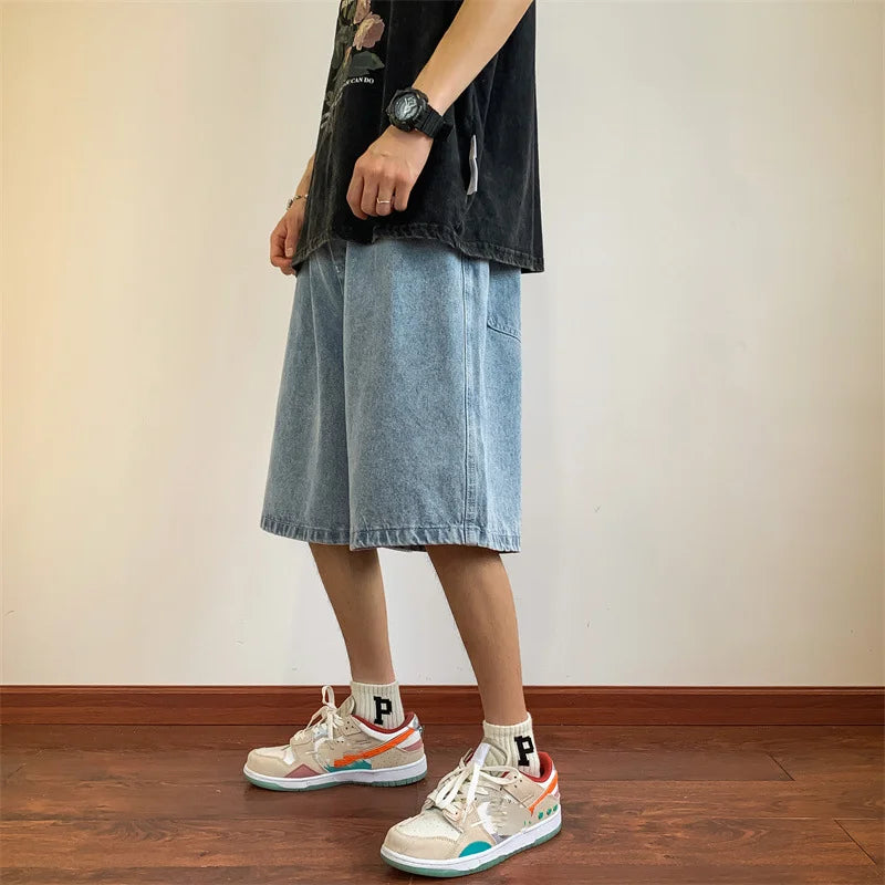 saferido Summer Denim Shorts for Men Korean Harajuku Retro All-Match Baggy Straight Bottoms Wide-Leg High Street Five-Point Jeans Pants