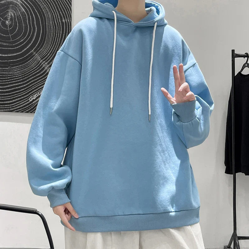 saferido Men's Multicolour Patternless Hooded Sweatshirt Korean Loose Large Size 5XL Casual Long Sleeve Top Simple Unisex Style T-Shirt