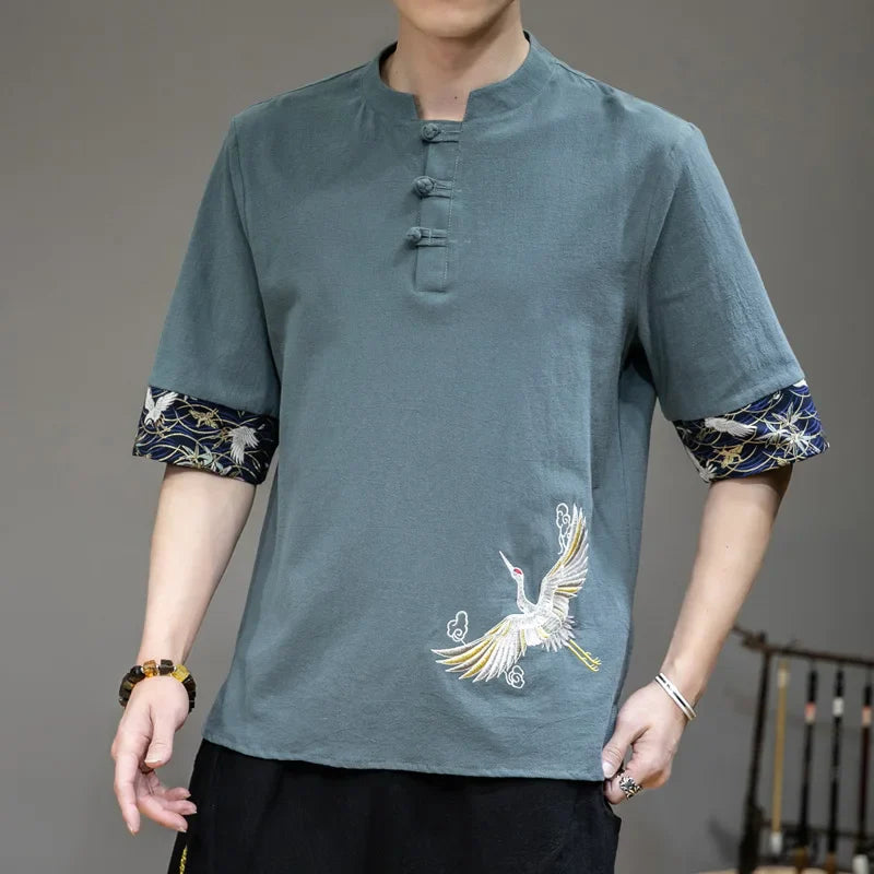 saferido Chinese Style Disc Button Linen T-shirt Mens Summer Short-sleeved Tang Shirt Loose Large Size T-shirt Japanese Kimono Men New