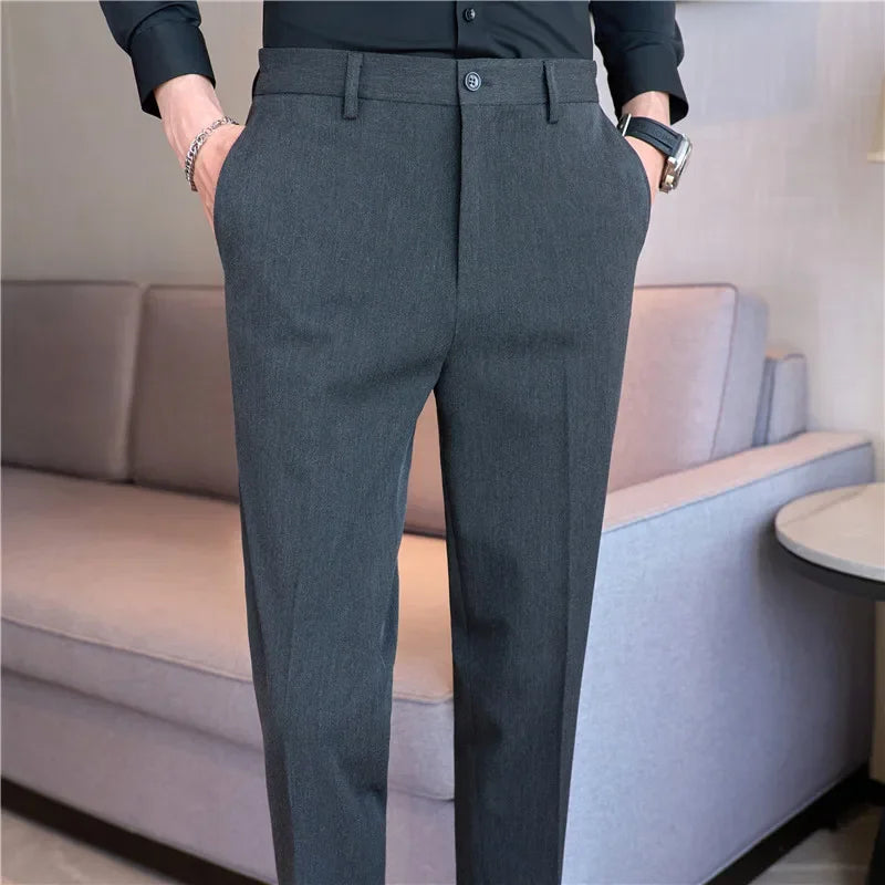 Men Suit Pants Autumn New British Style Elastic Waistband Slim Fit Solid Business Casual Formal Dress Trousers Men Clothing