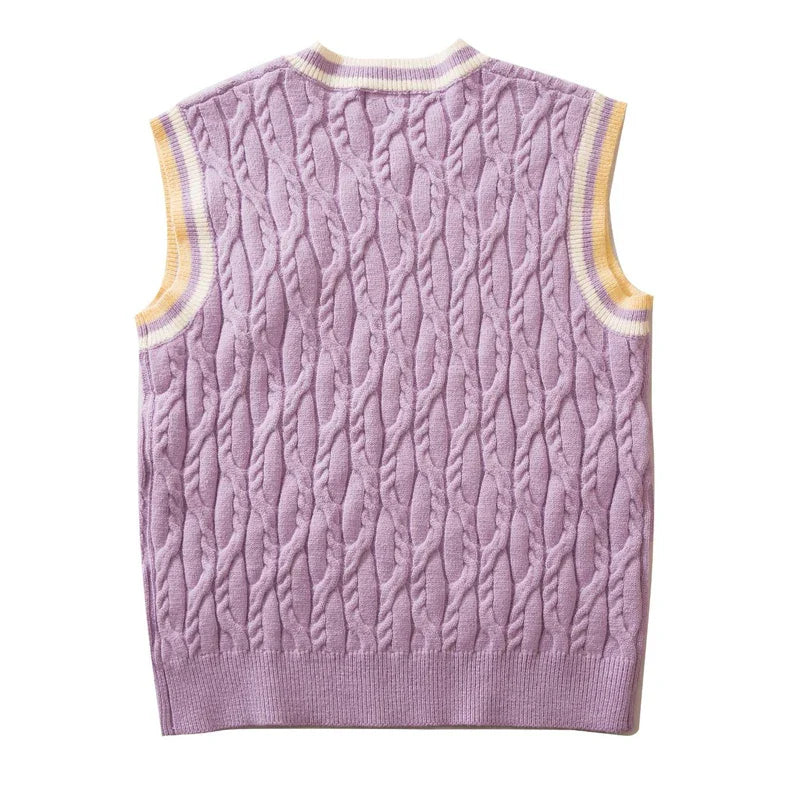 saferido Japanese Harajuku Knitted Vest Men Solid Color Matching V-neck Pullover Causal Loose Sleeveless Couple Sweaters Fashion New