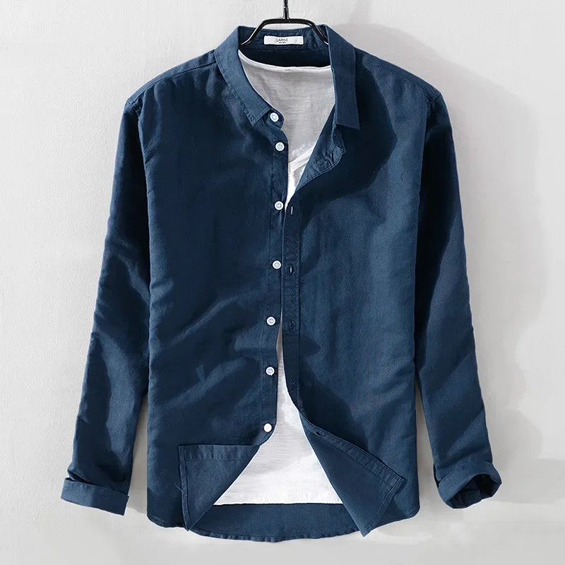 spring autumn new men's shirts fashion lapel casual long-sleeved cotton and linen shirts loose breathable linen shirts