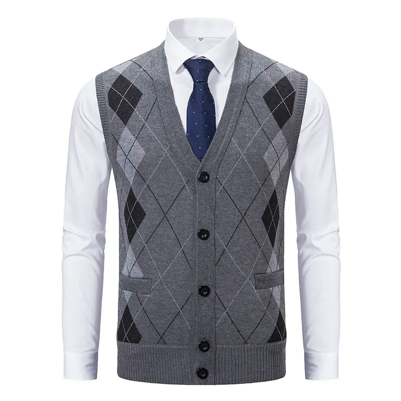Spring Autumn Male Vest Sleeveless Sweater Fleece Warm Knitted Jackets Checkered Business Casual Button Up Coat Men's Clothing