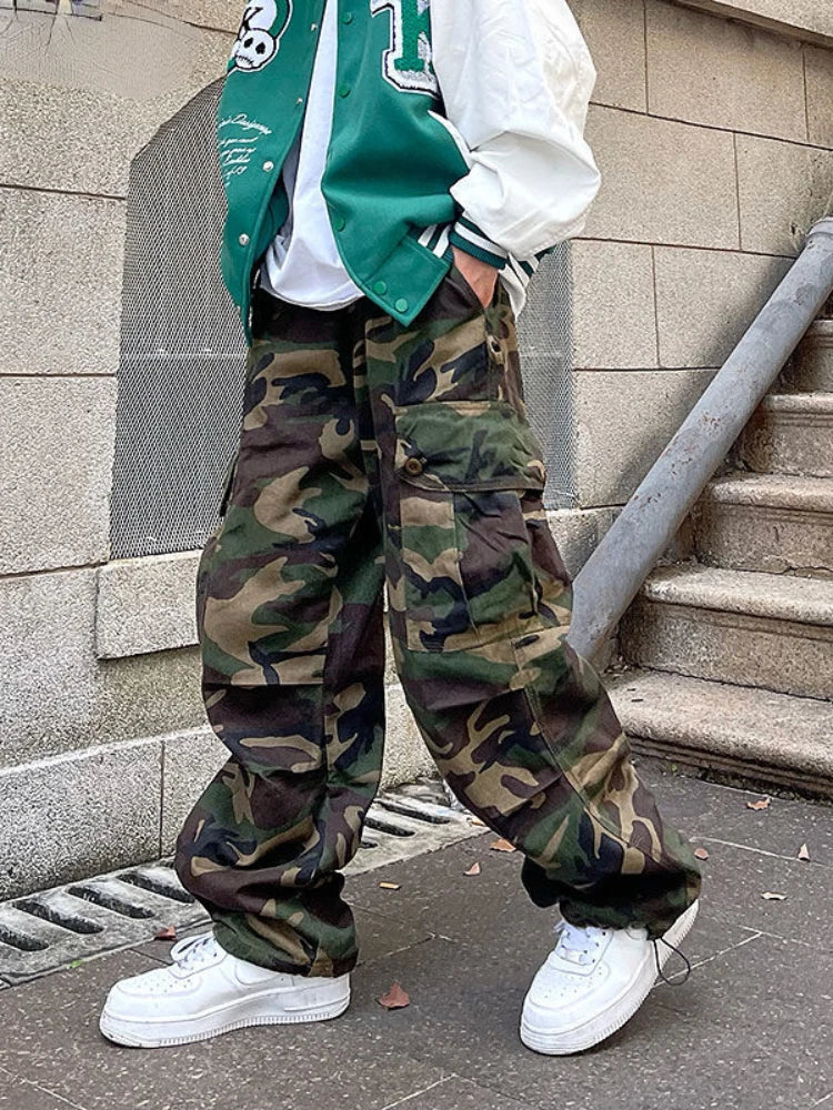 Famous Brand Trendy Camouflage Casual Spring Autumn High Waist Loose Sports Overalls Cargo Pants Men