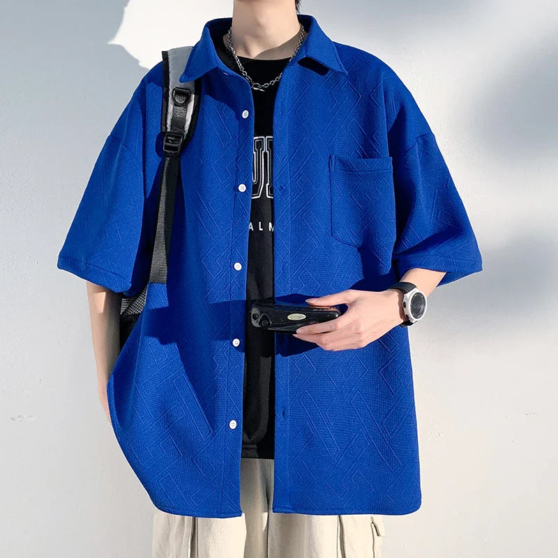 saferido Men's Short Sleeve Shirts Solid Color Blouses Fashion Streetwear Clothes College Style Tops Spring Summer Male Cardigan