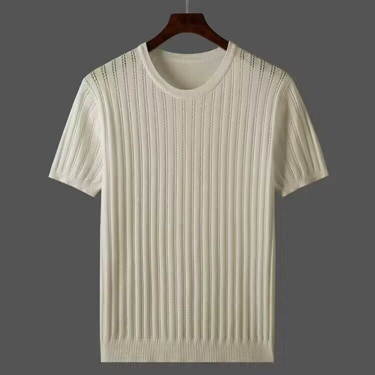 Summer Men T-shirt Knitted Short Sleeves Top Sweater Men's Solid Color O-neck Pullover Thick Slim Knitted Tees D215