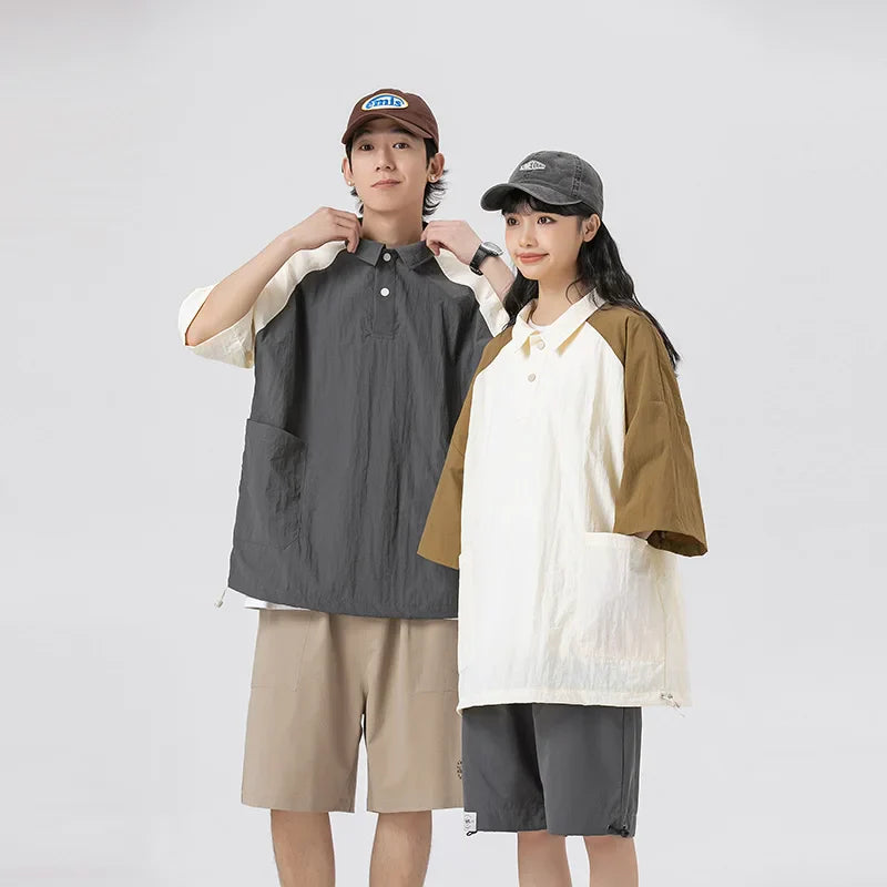 saferido Couple Japanese Shirt Harajuku Oversized Short Sleeve Shirt for Men Women Hawaiian Contrast Stitching Polo Geometric Streetwear