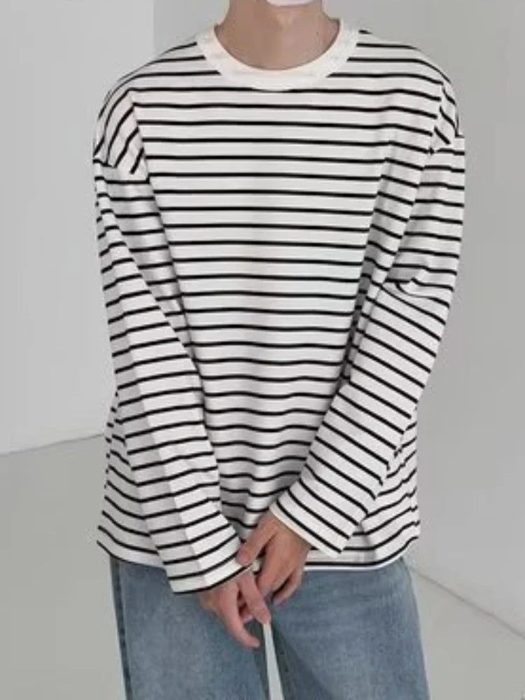 Striped T-shirts Men Long Sleeve Baggy Korean Style Srteetwear Fashion All-match Contrast Color Temperament Tops Daily Leisure