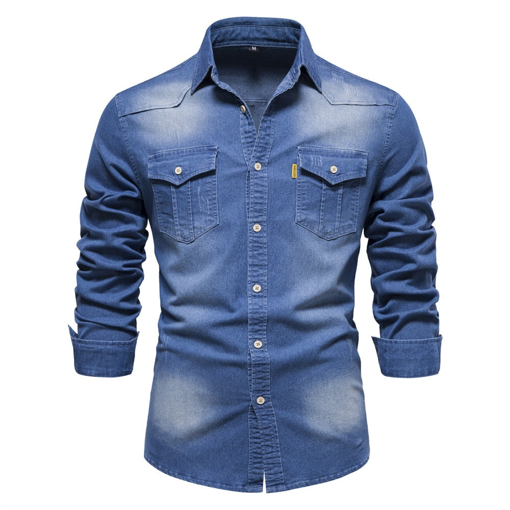 Elastic Cotton Denim Shirt Men Long Sleeve Quality Cowboy Shirts for Men Casual Slim Fit Mens Designer Clothing