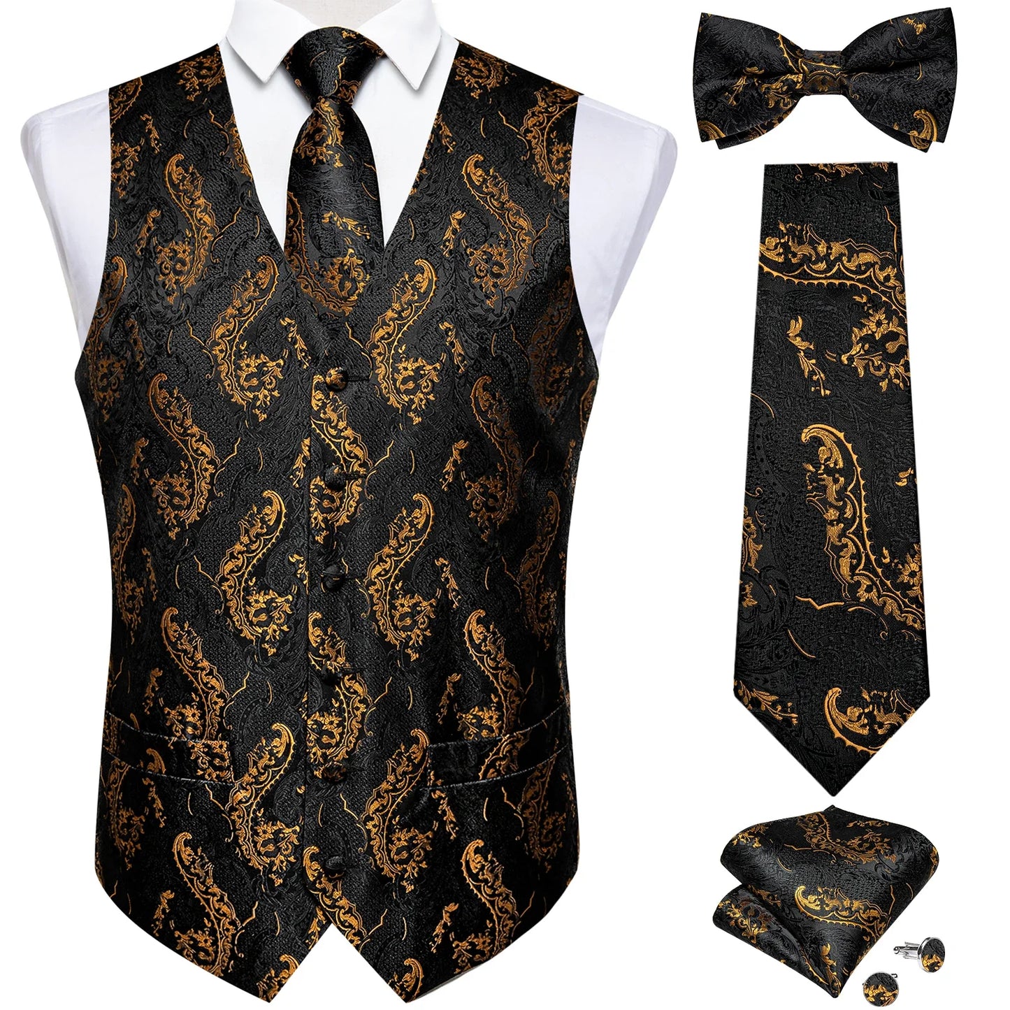 Men Black Paisley Vest Necktie Bowtie Pocket Square Cufflinks Dress Set Classic 5 PCS Business Waistcoat for Man