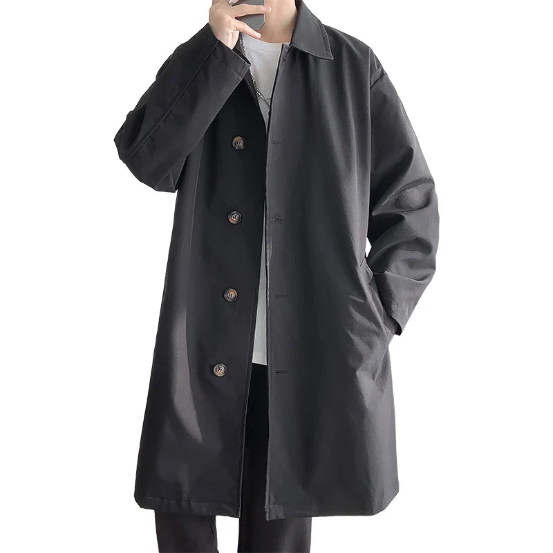 Men's Trench Coat Fashion long Windbreaker Men Solid Color Single Breasted Loose Casual Trench Man Streetwear Plus Size M-5XL