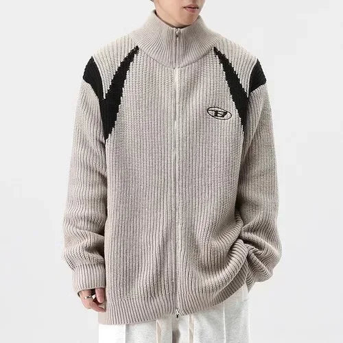 Y2K Knitted Cardigan Sweater Men Vintage Streetwear Coat Male Hip Hop Korean Jumpers Jacket Turtleneck Patchwork Zipper