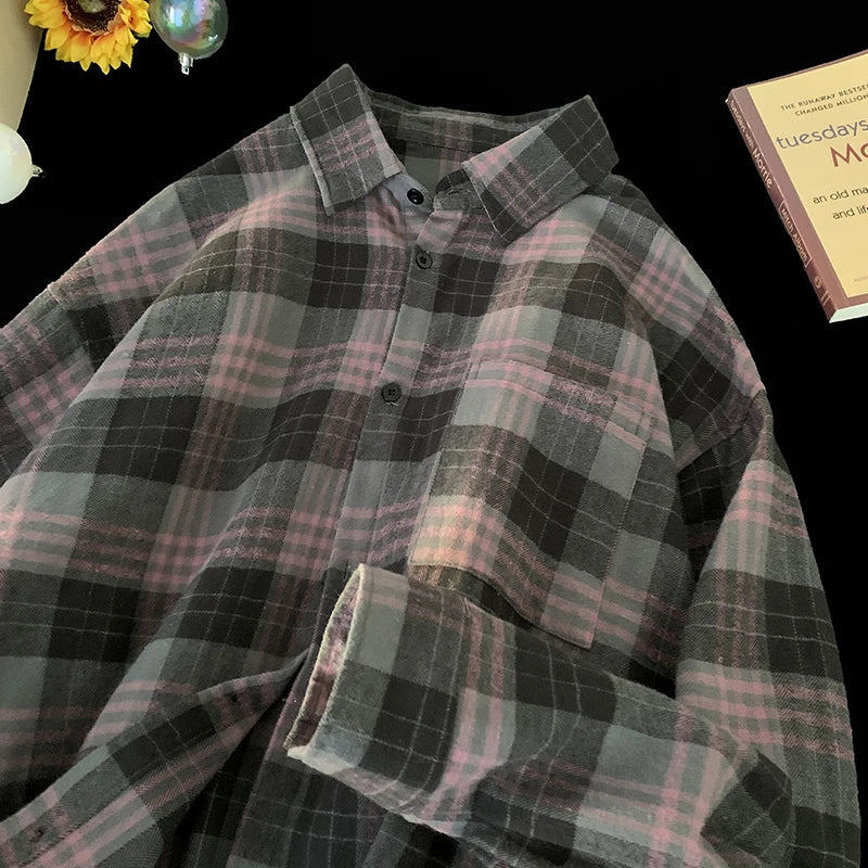 saferido Korean Street Plaid Shirt Coat Men's Long Sleeve Turn Down Collar Casual Shirts Vintage College Style Unisex Fashion Clothing