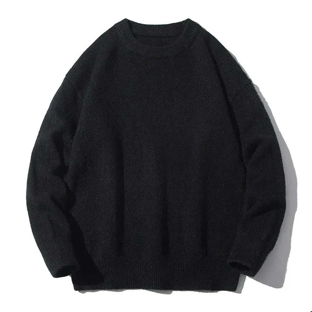 saferido Mens Autumn Japanese Lazy Style Sweater 2024 New Essential Round Neck Loose Casual Simple Solid Color Long-Sleeve Sweater For Men