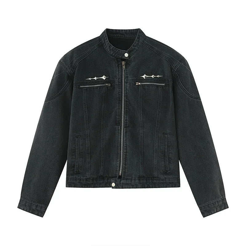Mens Denim Jacket Zippered Metal Design Distressed Washed Short Jeans Jacket Vintage Trendy Spliced Male Outerwear New