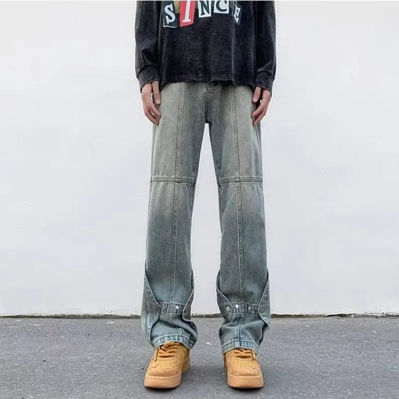 saferido Trendy Vintage Straight-leg Jeans Men's Fall/winter Style American Vibe Patchwork Pants Slim Fit Bootcut Bottoms For Men